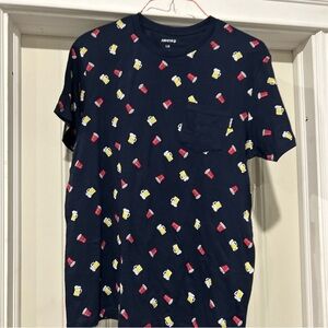 Navy Blue Graphic Tee with Beer and Cup Print